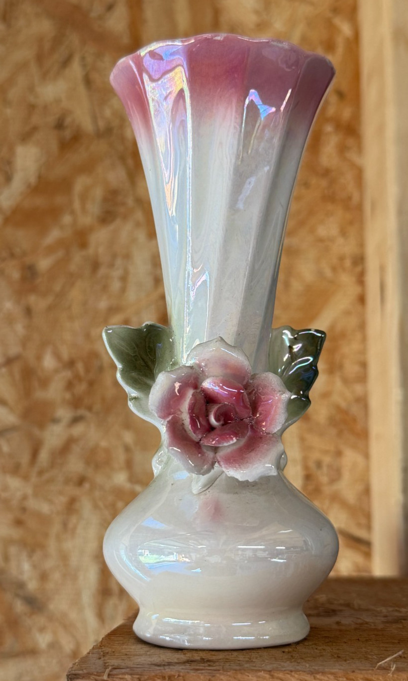 Vintage MCM Iridescent Lusterware Bud Vase Applied Pink Rose Flower 6.25