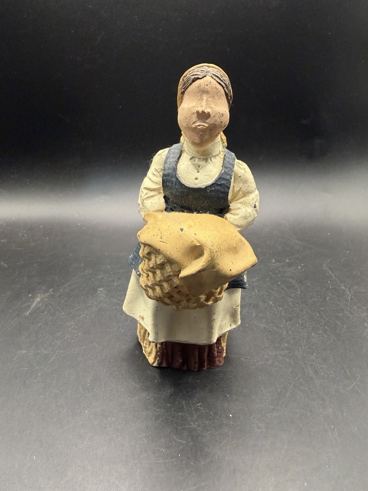 Vintage Chalkware Folk Art Peasant Woman Figurine Basket Apron 5.5\