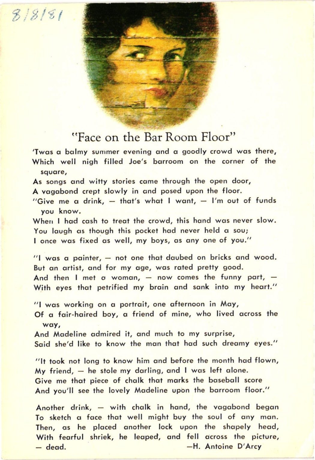 Teller House Central City CO Postcard - Face on Bar Room Floor Poem Art Teller House Central City CO Postcard - Face on Bar Room Floor Poem Art
