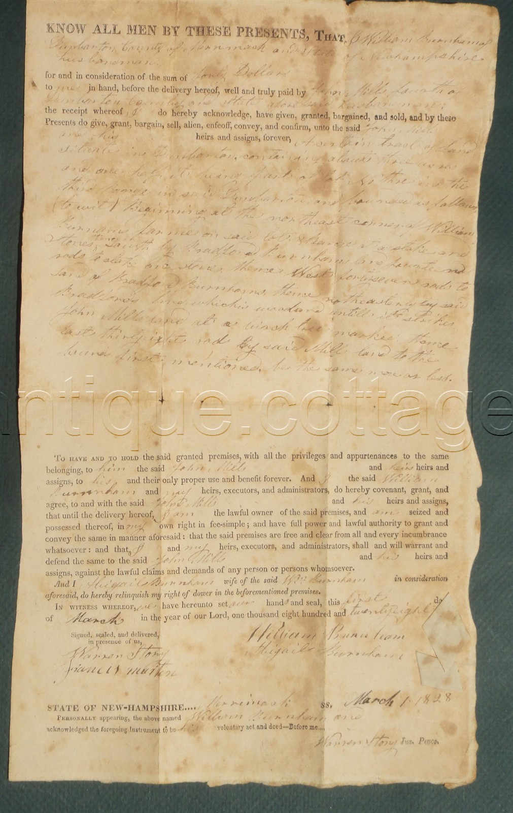 1828 antique DEED dunbarton merrimack nh Wm BURNHAM john mills sign story martin