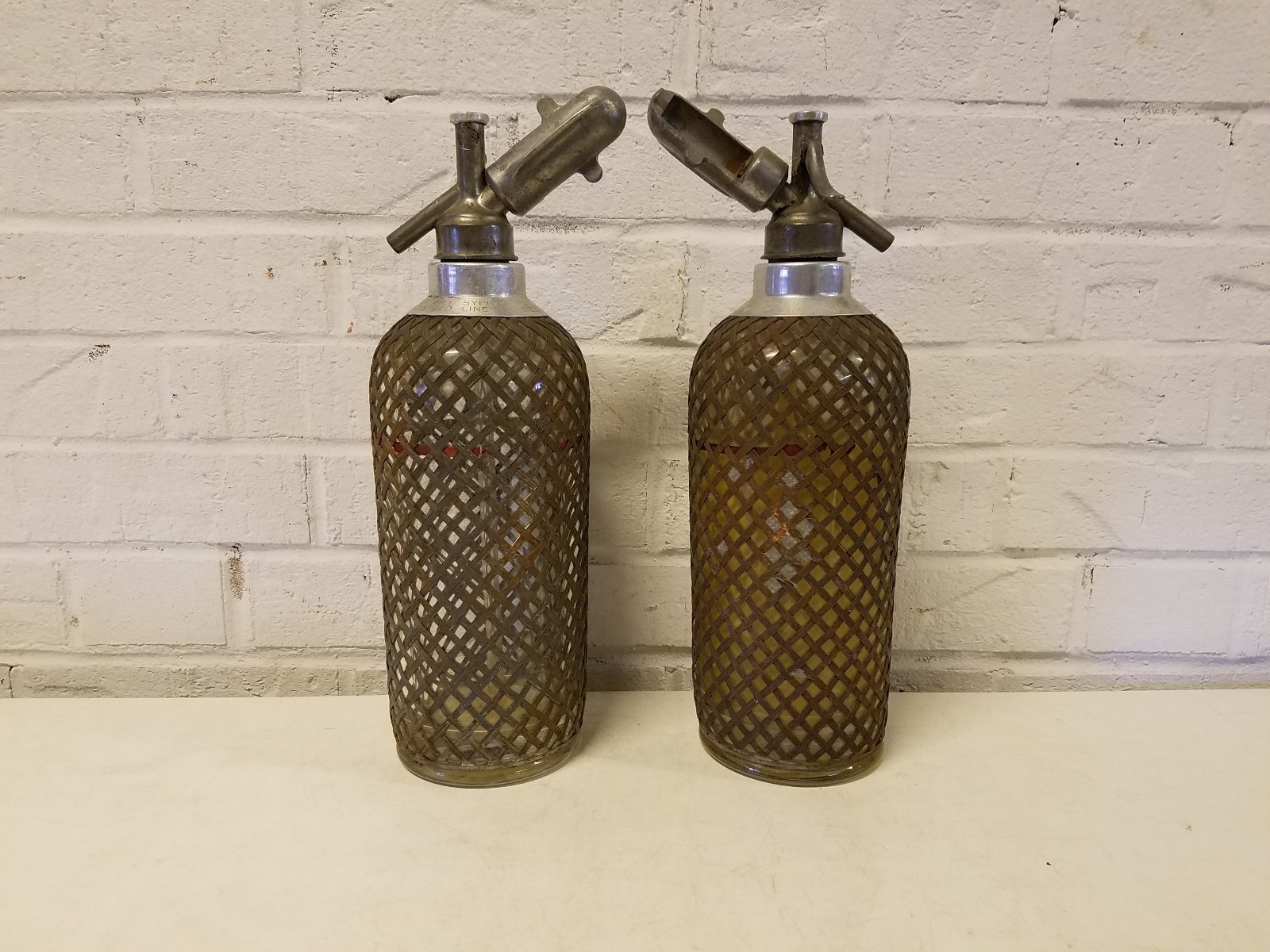 Antique Czech Glass Pair of Soda / Seltzer Water Spritzers with Metal Mesh Antique Czech Glass Pair of Soda / Seltzer Water Spritzers with Metal Mesh