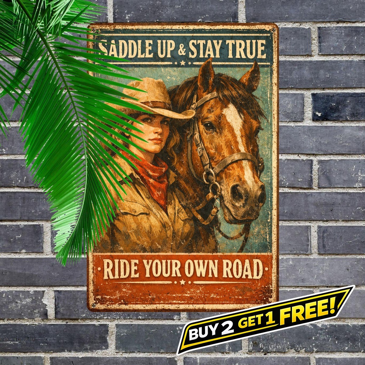 Vintage Western Cowgirl Metal Sign Rustic Ranch Home Tin Wall Plaque 8x12