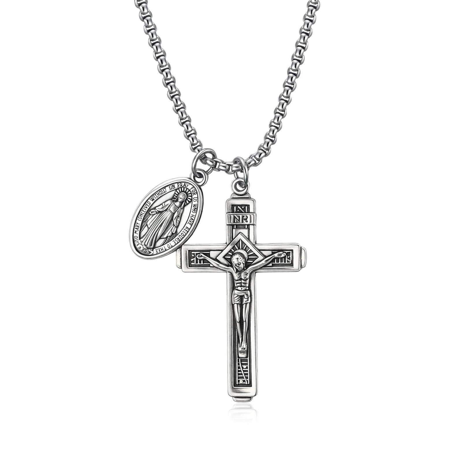 Rnivida Crucifix Cross and Miraculous Medal Pendant Necklace for Men