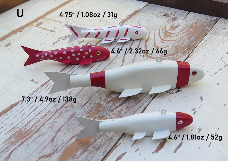 4 Folk Art Handmade/Painted Wood Fish Decoys Spearing/Ice Fishing Weighted (U)