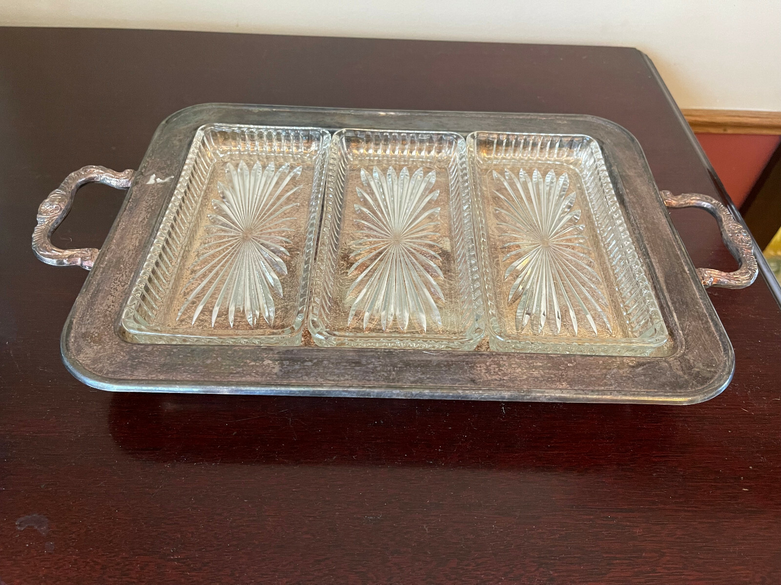 Vtg 3 Pc Glass Section Relish Dishes w/ Metal Silverplate Etched Serving Tray