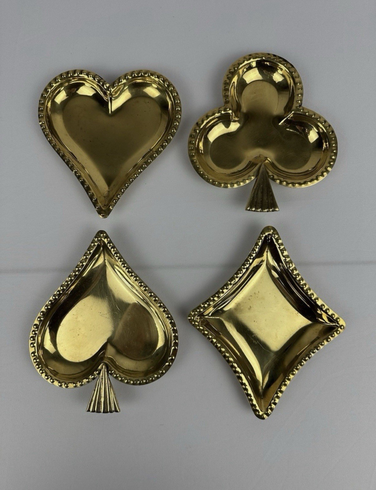 Rare VTG 1960s Set Of 4 Ashtray/Trinket Dishes  Gilded Brass Playing Cards India