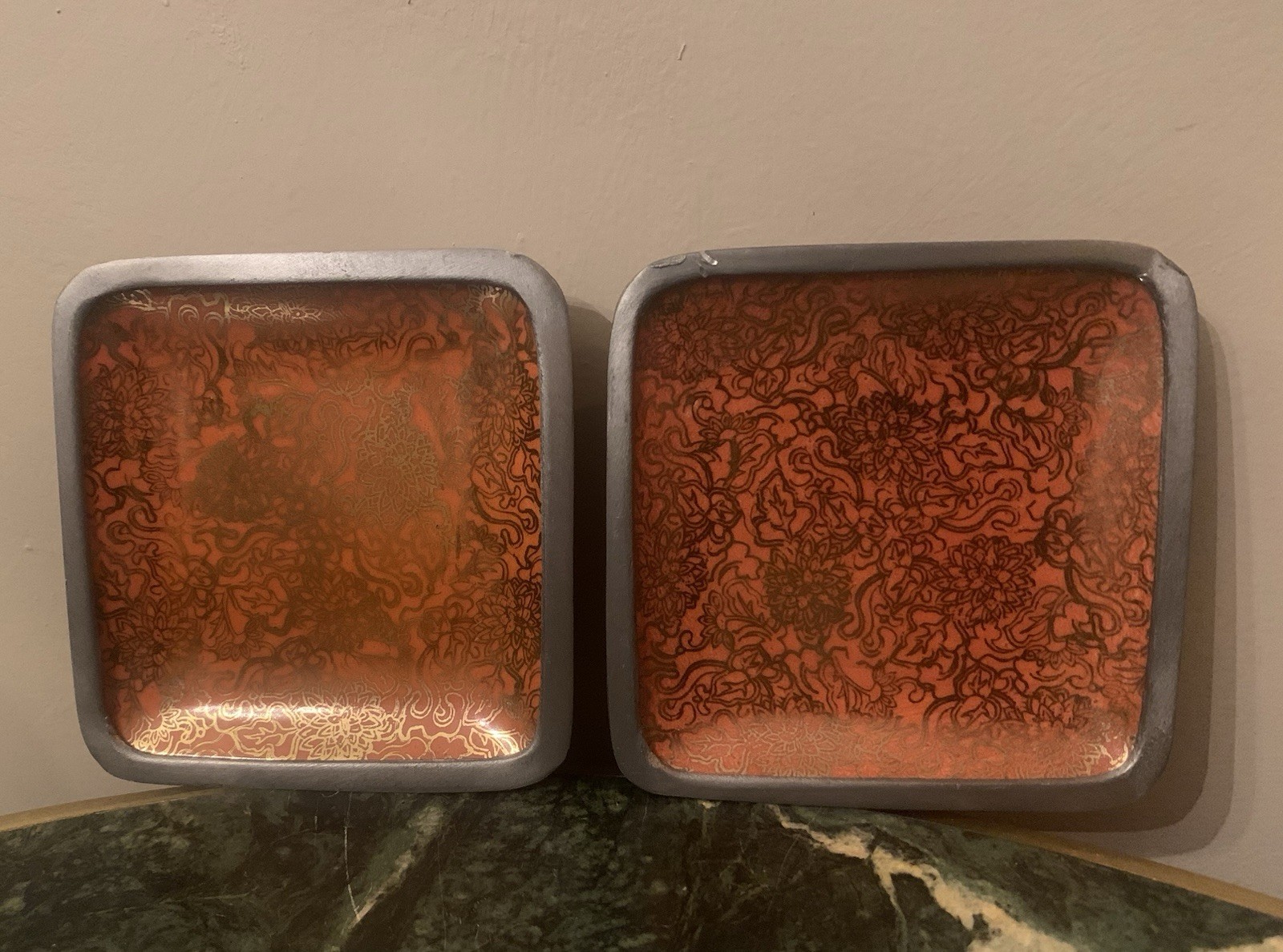 Two Vintage Metal Encased Ceramic Square Dish Hand Decorated In Hong Kong