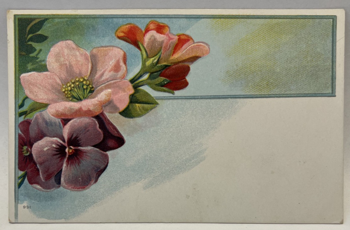 Pink Flowers, Purple Pansy, Vintage Embossed Postcard