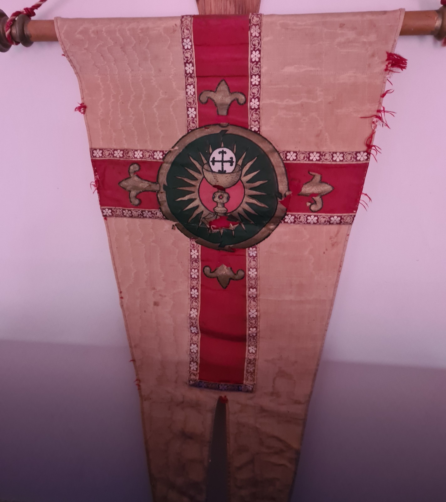 Antique Catholic Processional Banner Hand Stitched Silk Swallowtail Church Flag
