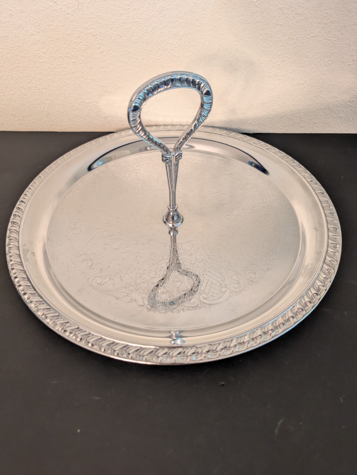 Vtg Irvinware Chrome Round Serving Tray Handled Mid Century Barware