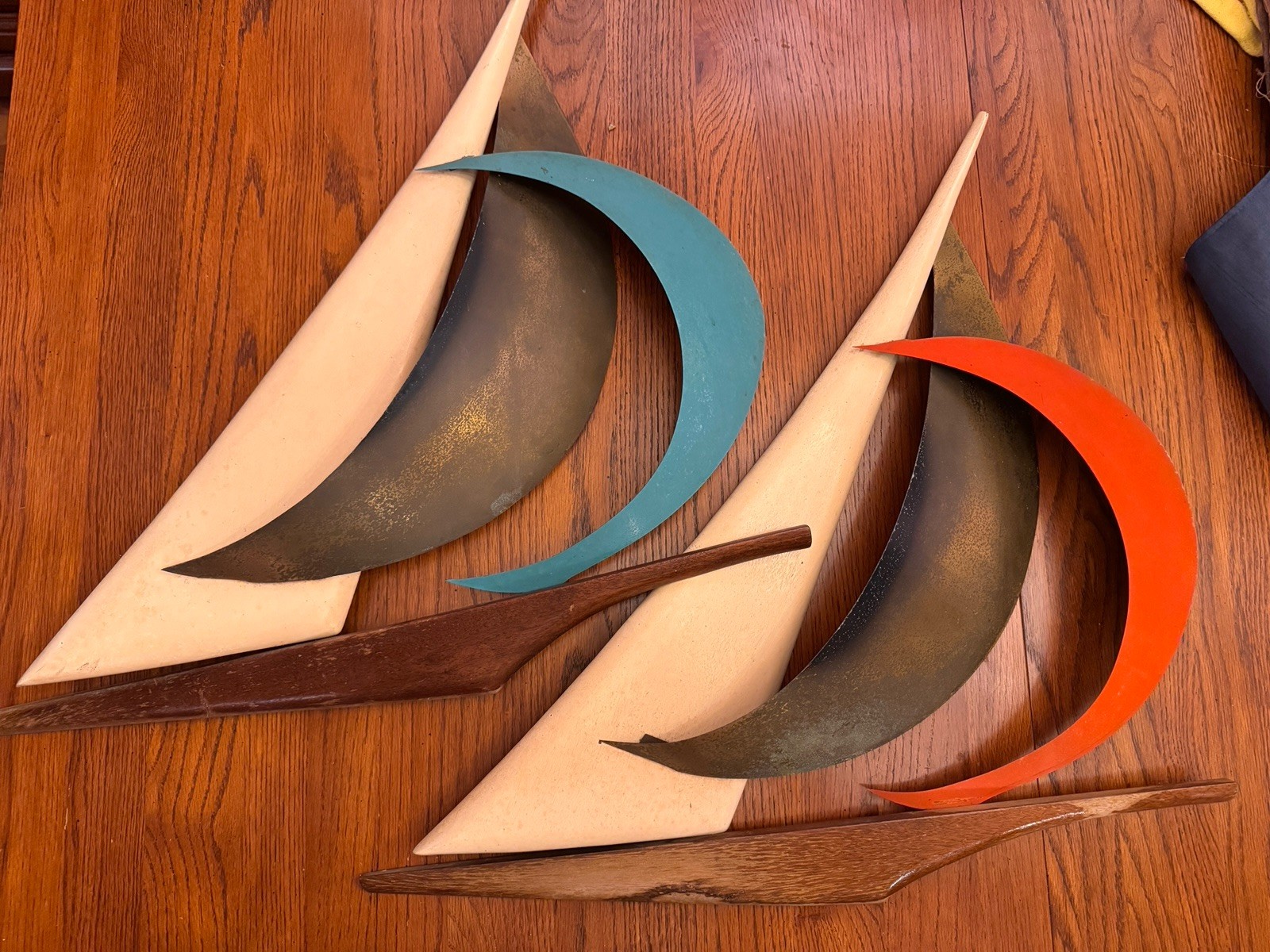 MCM Vintage Teak/Brass Masketeers Sailboat Pair: Wall Art Decor