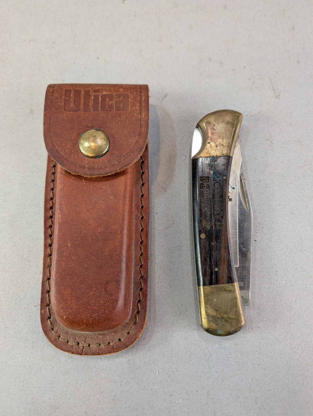 Vintage Utica 440 Stainless steel Pocket Folding Knife w/ Leather Belt Clip