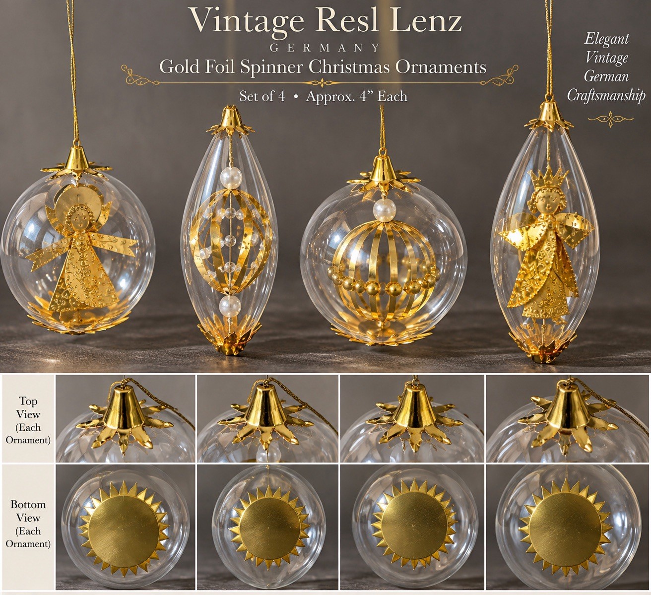 Vintage Resl Lenz Germany Gold Foil Spinner Christmas Ornaments 4” Set of 4