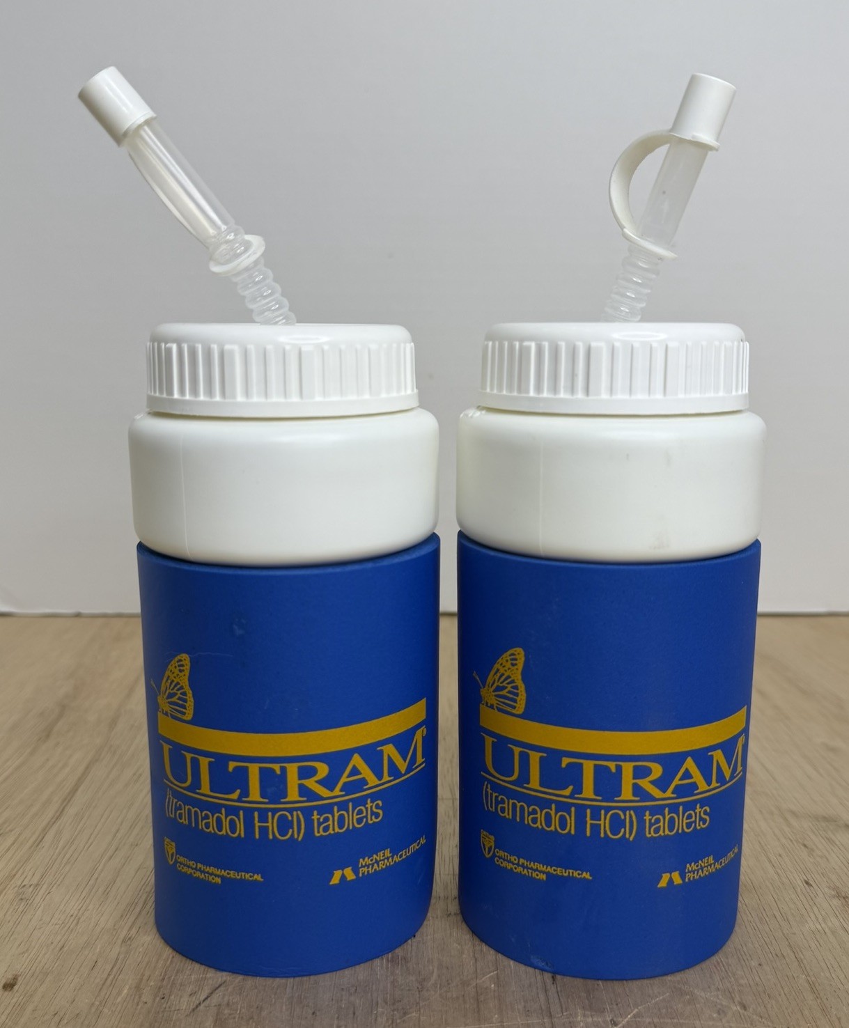 (2) VTG ULTRAM TRAMADOL WATER BOTTLE W/ KOOZIE PHARMACEUTICAL DRUG REP AD PROMO