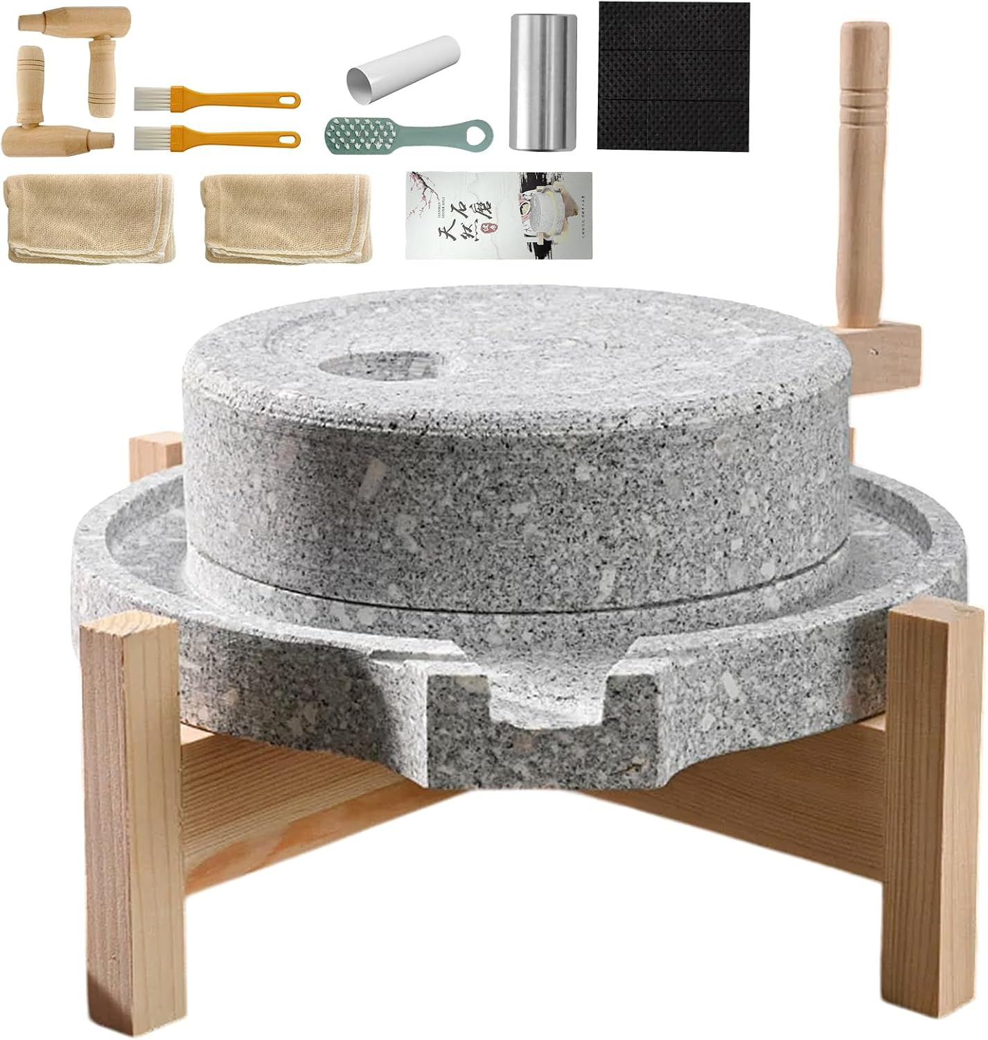 Artisanal Natural Stone Grain Mill (Solid Wood Base) - Household Grinder for Whe