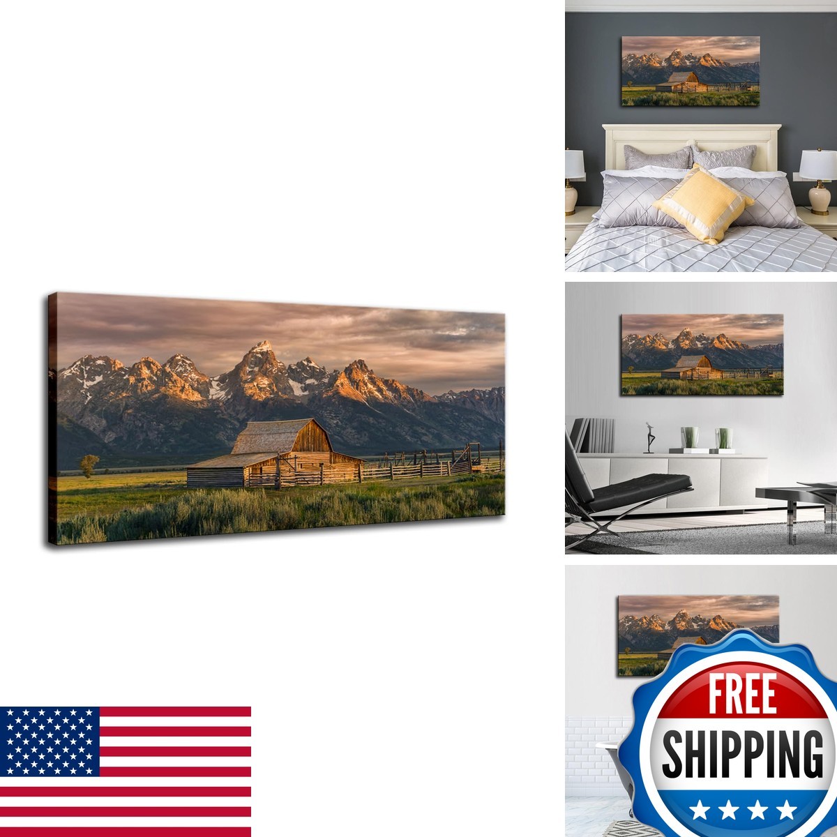 CIYU Sunrise at Barn Canvas Wall Art Barn 48x24 inch Framed Ready to Hang CIYU Sunrise at Barn Canvas Wall Art Barn 48x24 inch Framed Ready to Hang