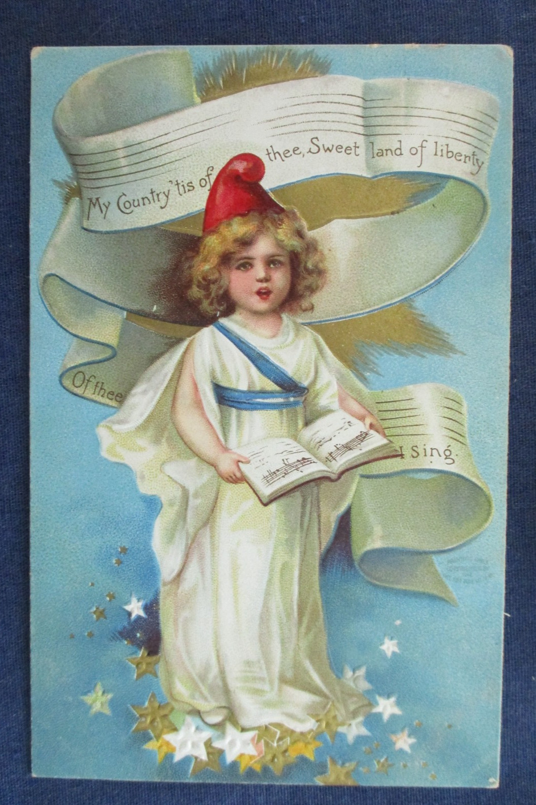 ca1910 Little Girl My Country Tis of Thee Patriotic Greeting Postcard