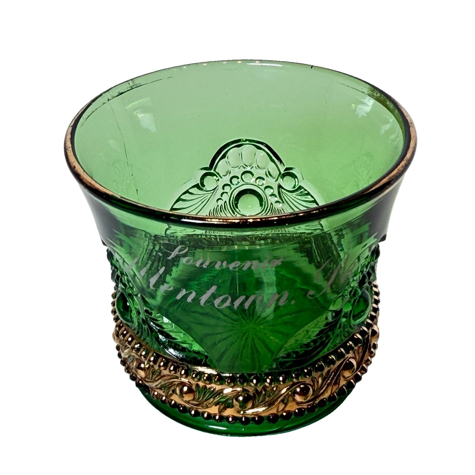 ALLENTOWN Pennsylvania PA Antique DEPRESSION GREEN GOLD Glass Souvenir CUP