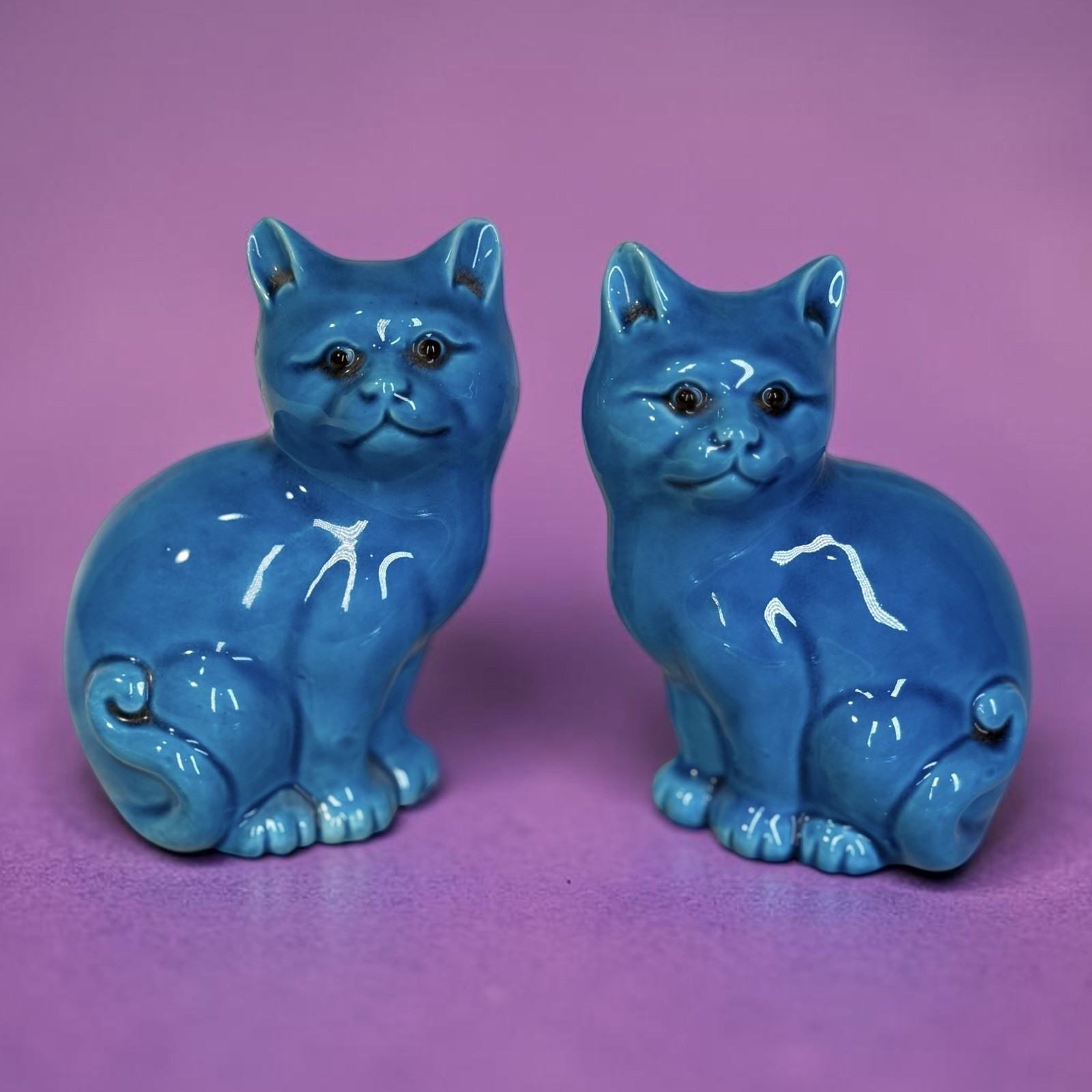 Vintage Blue Glazed Ceramic Cat Figurines Pair Mid Century Modern Shelf Sitters