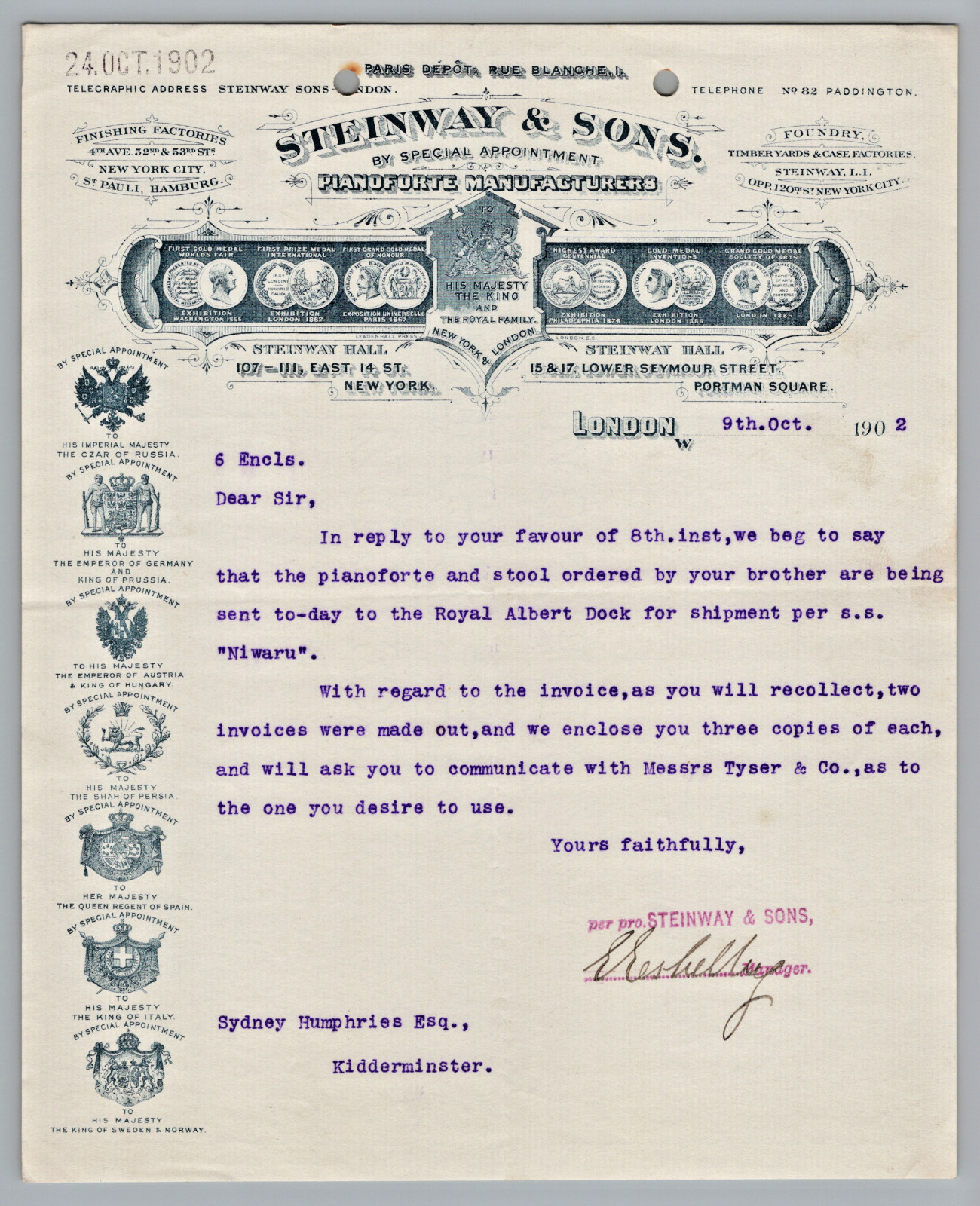1902 Steinway & Sons Pianos London Hand Singed