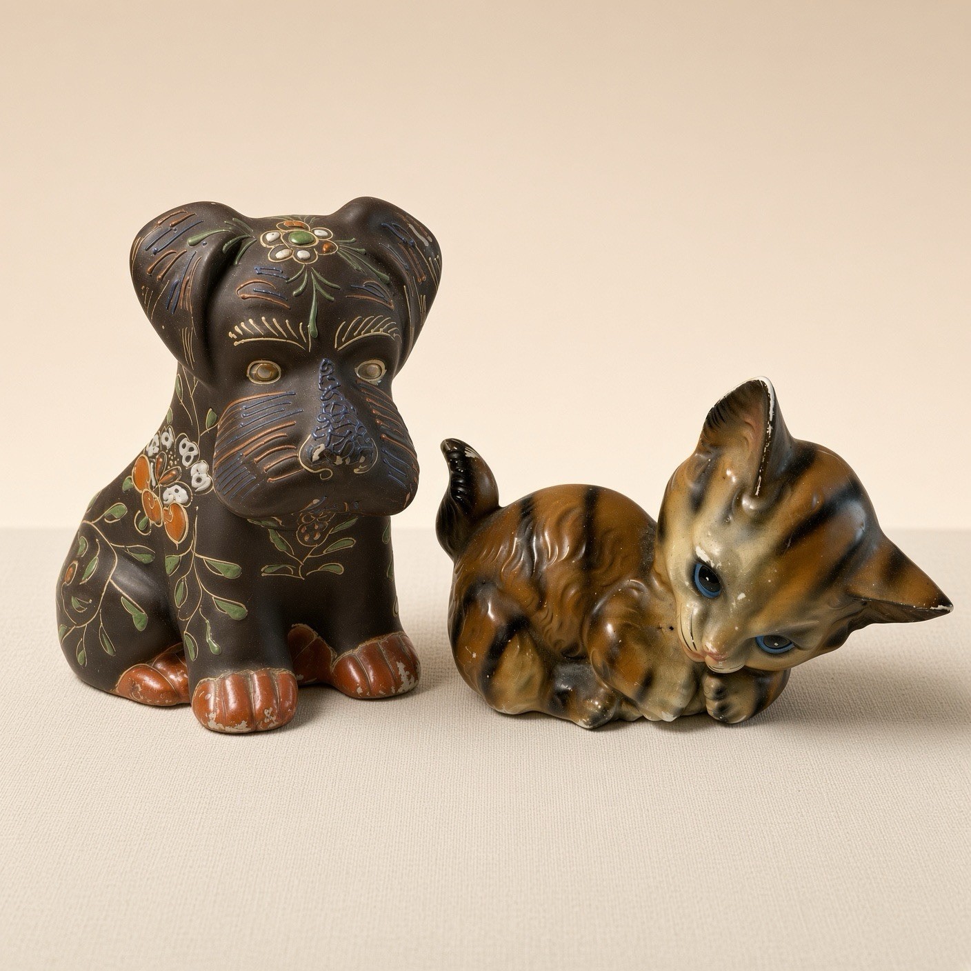 Vintage Japan Ceramic Puppy Planter & Tabby Kitten Figurine Lot