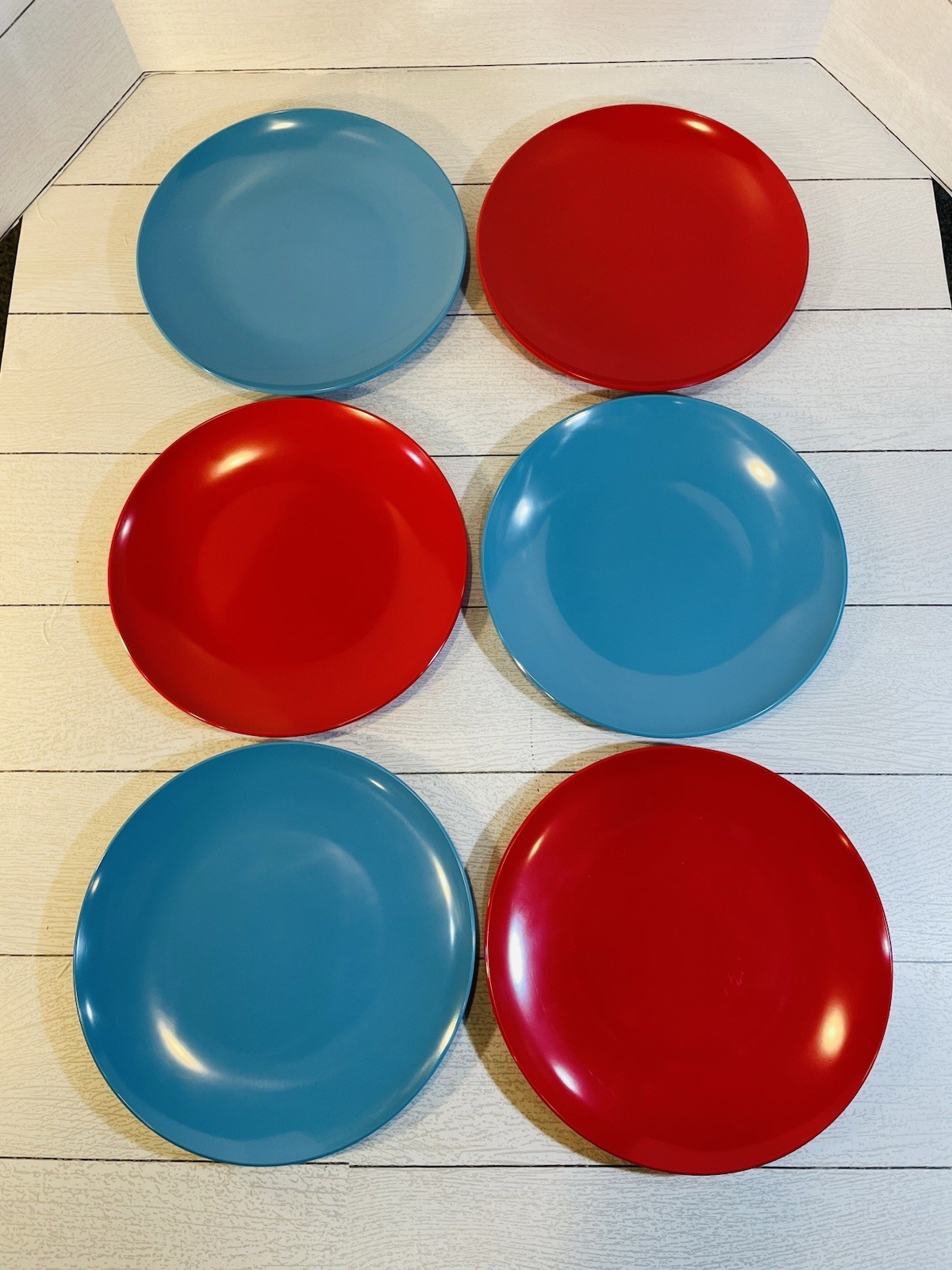 Vintage Lot 8 Vintage Melmac Blue & Red Solid Colors 11” Dinner Plates MCM