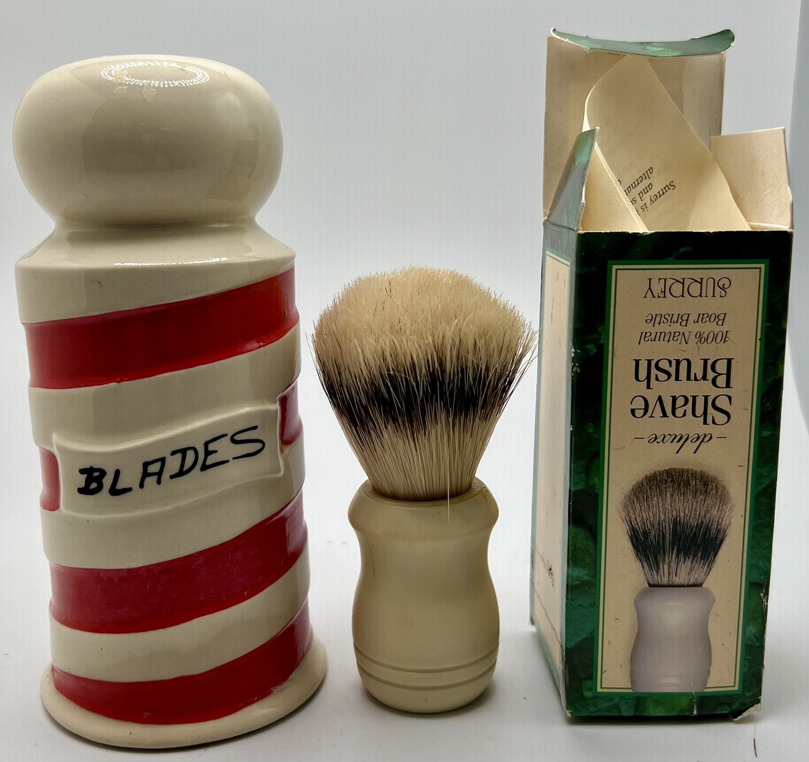 Vtg Porcelain Barber Pole Shaving Blade Caddy And Surrey Brush In Box