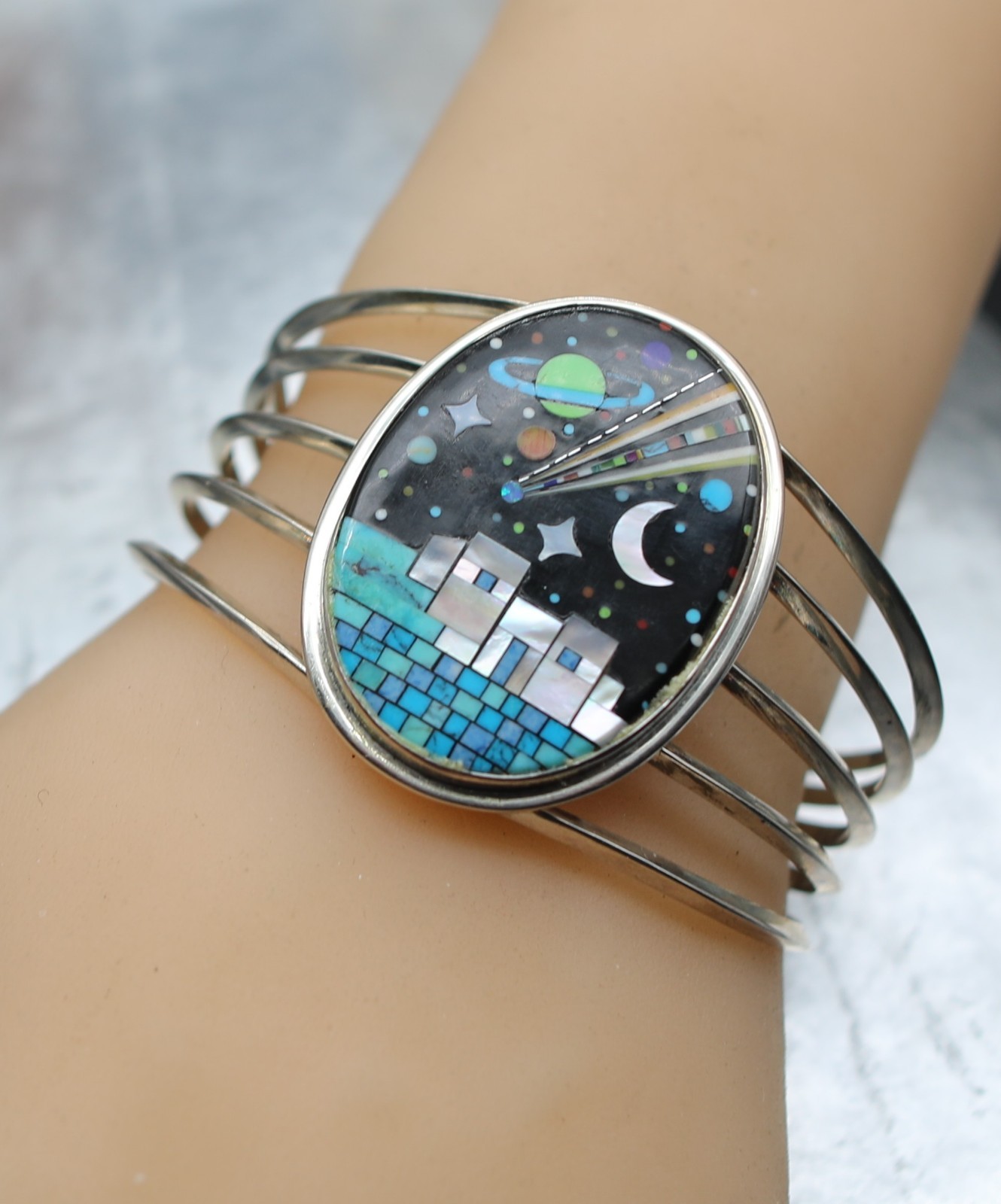 Navajo Sterling Silver Scenic Pueblo Night Sky Inlay Turquoise Planets Moon CUFF
