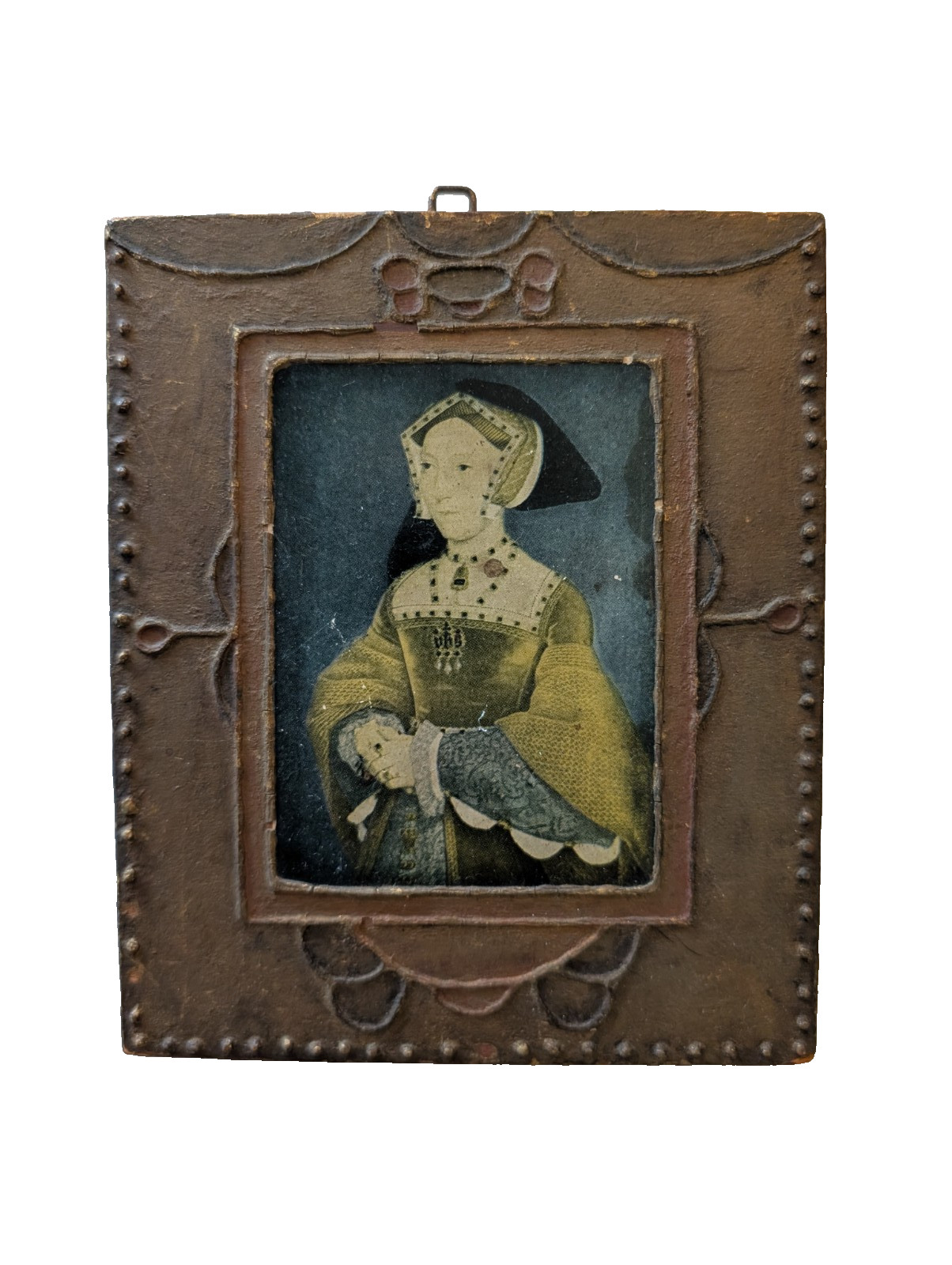 Antique Jane Seymour Holbein Portrait Tooled Leather Style Frame Dated 1930 6x5\