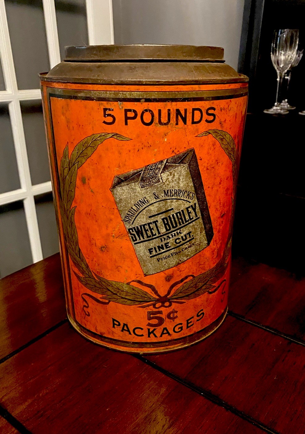 Antique Sweet Burley Tobacco Tin Spaulding Merrick Store Bin Vent Humidor Lid 5#