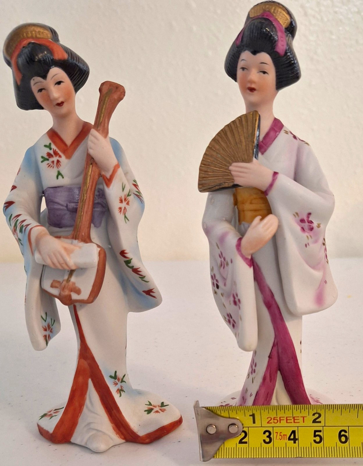 Vintage Bisque Porcelain Geisha Figurines Pair 7” Japanese Musician & Fan Set Vintage Bisque Porcelain Geisha Figurines Pair 7” Japanese Musician & Fan Set