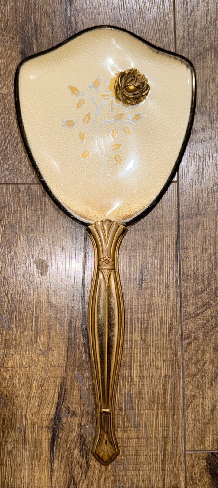 Vintage Gold Tone Hand Held Mirror 3D Rose Floral Vanity Dresser Mirror 13” MCM