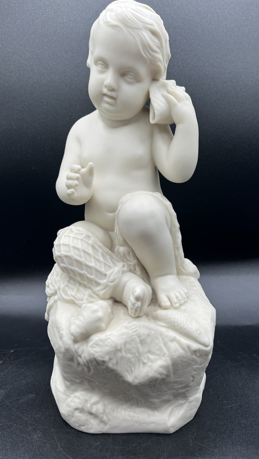 Vintage Copeland Parian Ware Bisque-England-Sitting Boy With Seashell To Ear