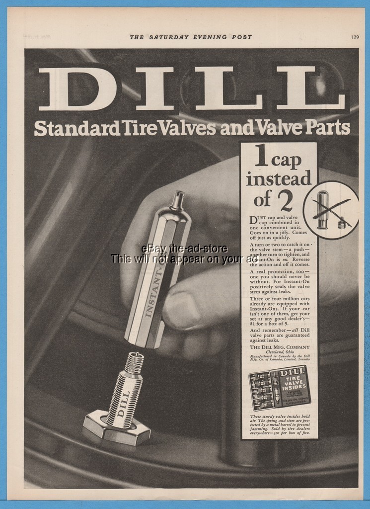1927 Dill Mfg Co Cleveland OH Tire Valve Stem Parts Instant On Cap Inserts Ad