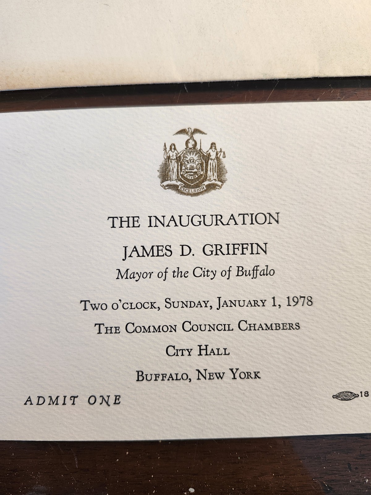Rare: Jimmy D. Griffin Inauguration Invitation Card Mayor Buffalo, New York 1978