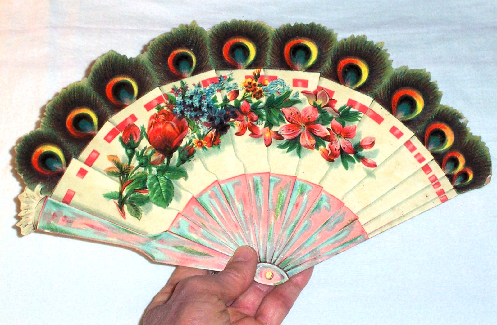 Large circa 1890 Die cut Peacock Feather Hand Fan , Flowers Roses Antique