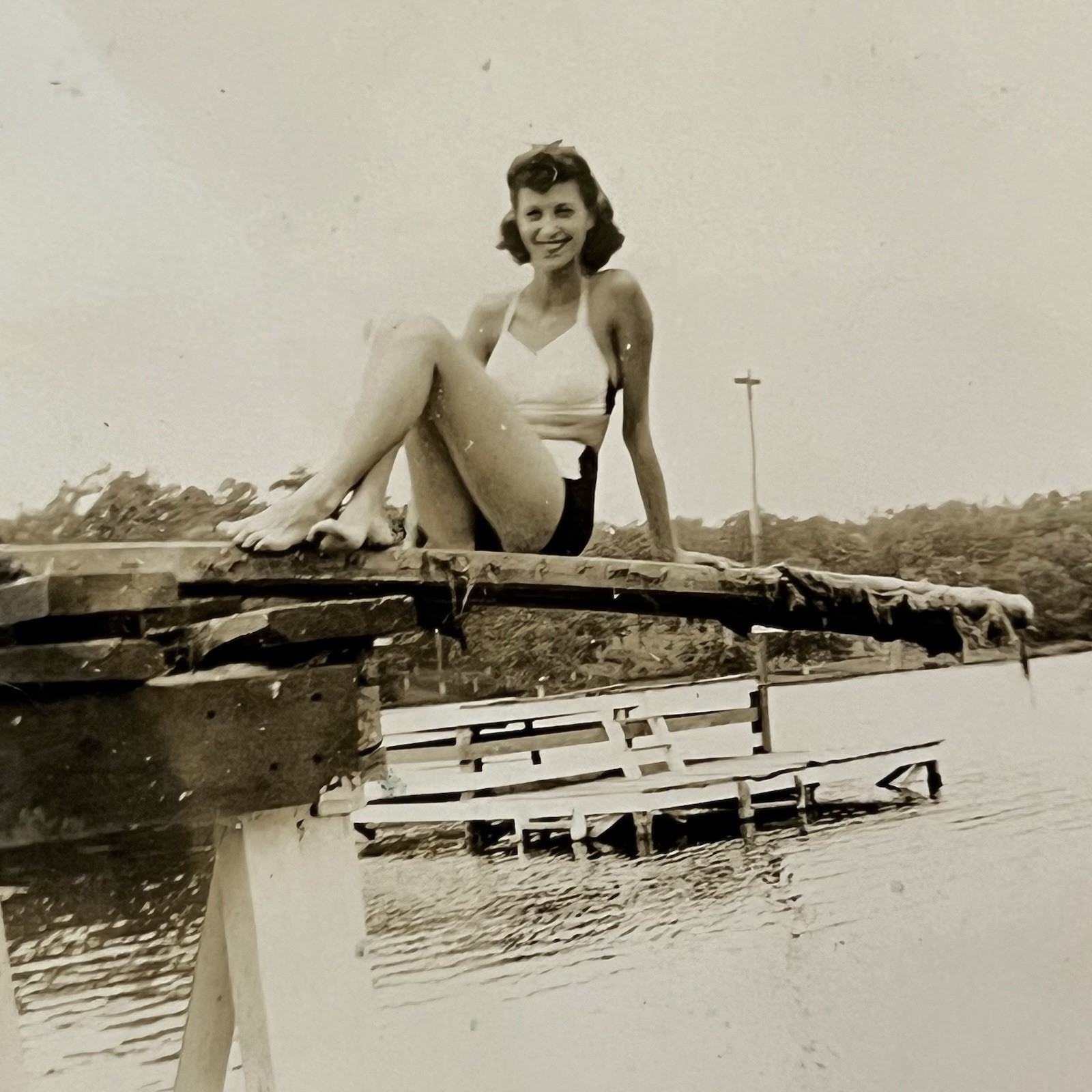 Vintage Snapshot Photograph Beautiful Woman  Sitting On Dock Swimsuit Ensley AL