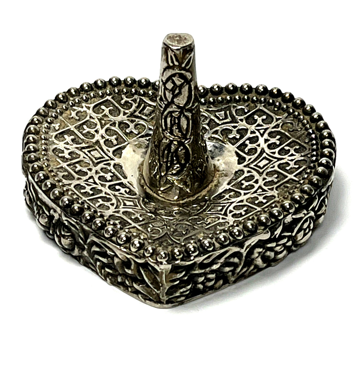 Heart Shaped Ornate Ring Holder Dish Silver Plated Cone Weighted Vintage