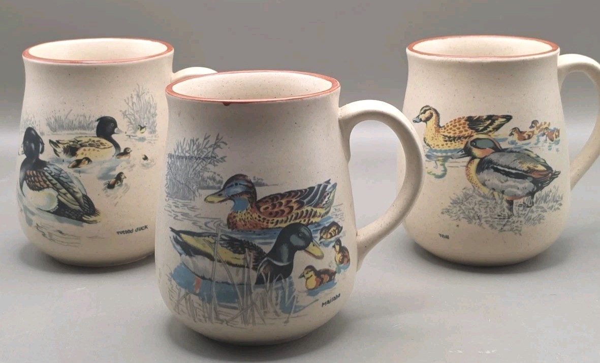 Vtg Duck Mugs Set Of 3 Stoneware Mallard Teal Red Breasted Merganser Tufted 