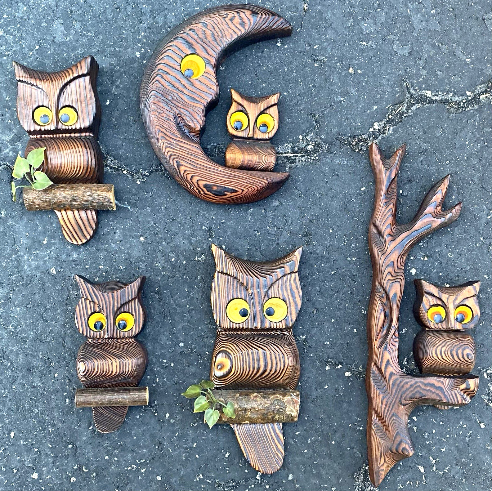MCM Vintage Hand-Carved Owl Wood Wall Plaque Set, Moon & Tree cedar wood 1970’s