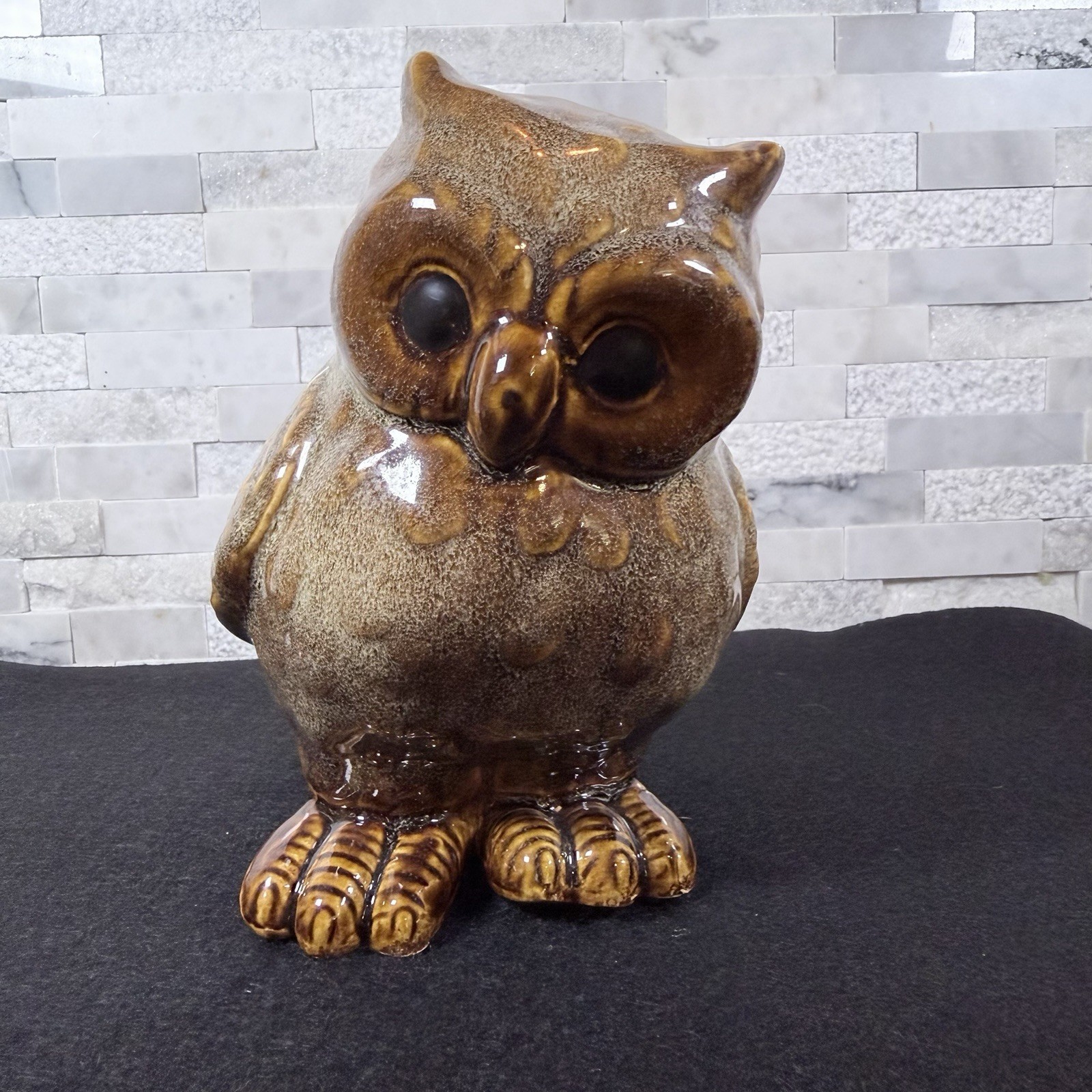 Ceramic Owl Figurine Brown Drip Glaze Textured Bird Statue Home Decor
