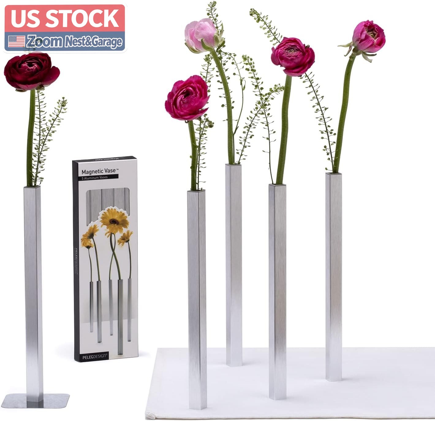 US Stock PELEG DESIGN Magnetic Bud Vase Set 5 Pcs Silver 9.4in Tall