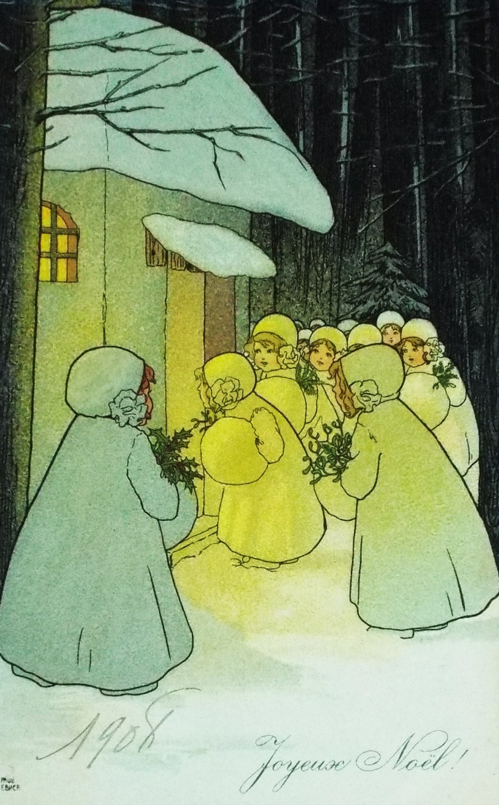 SUPERB Signed Pauli Ebner 1908 Santa snow children deliver gifts Vienna Austria SUPERB Signed Pauli Ebner 1908 Santa snow children deliver gifts Vienna Austria