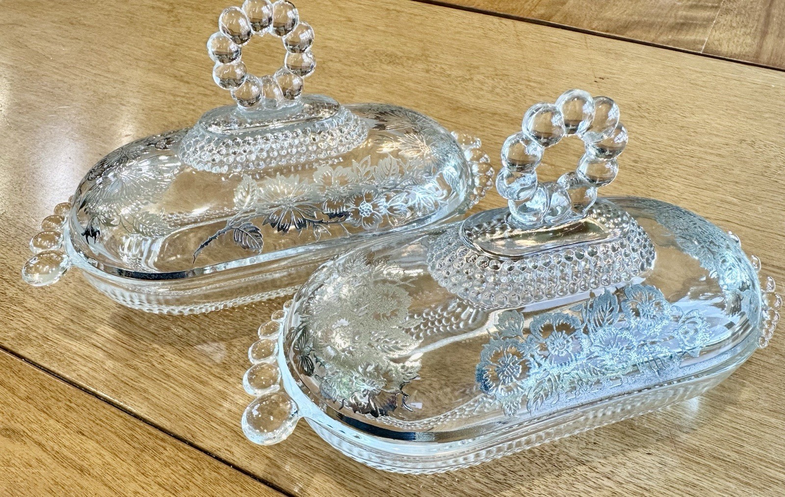 2 Vintage Duncan & Miller Glass Teardrop Butter Dish Sterling Silver Overlay EUC