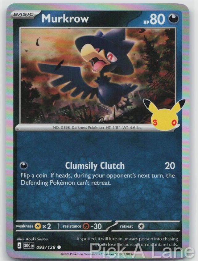 Murkrow 093/128 ME: 30th Celebration Pokemon Holo Near Mint Murkrow 093/128 ME: 30th Celebration Pokemon Holo Near Mint