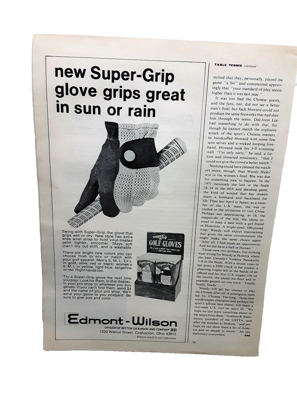 1972 Edmont Wilson Golf Gloves Original Print Ad Vintage 70s