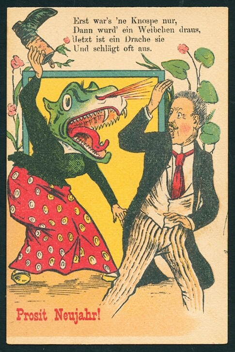 German 1905 Woman As ANGRY Monster Grivoise Misogyny Black Humor Visual Gag