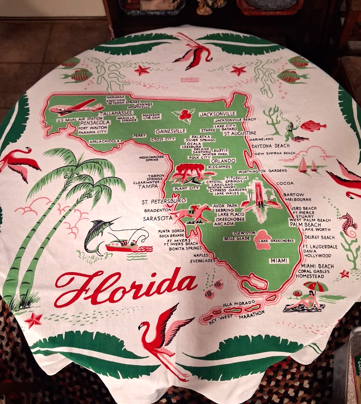Vintage Vibrant Startex FLORIDA State Map Souvenir Tablecloth Pink Greens Red