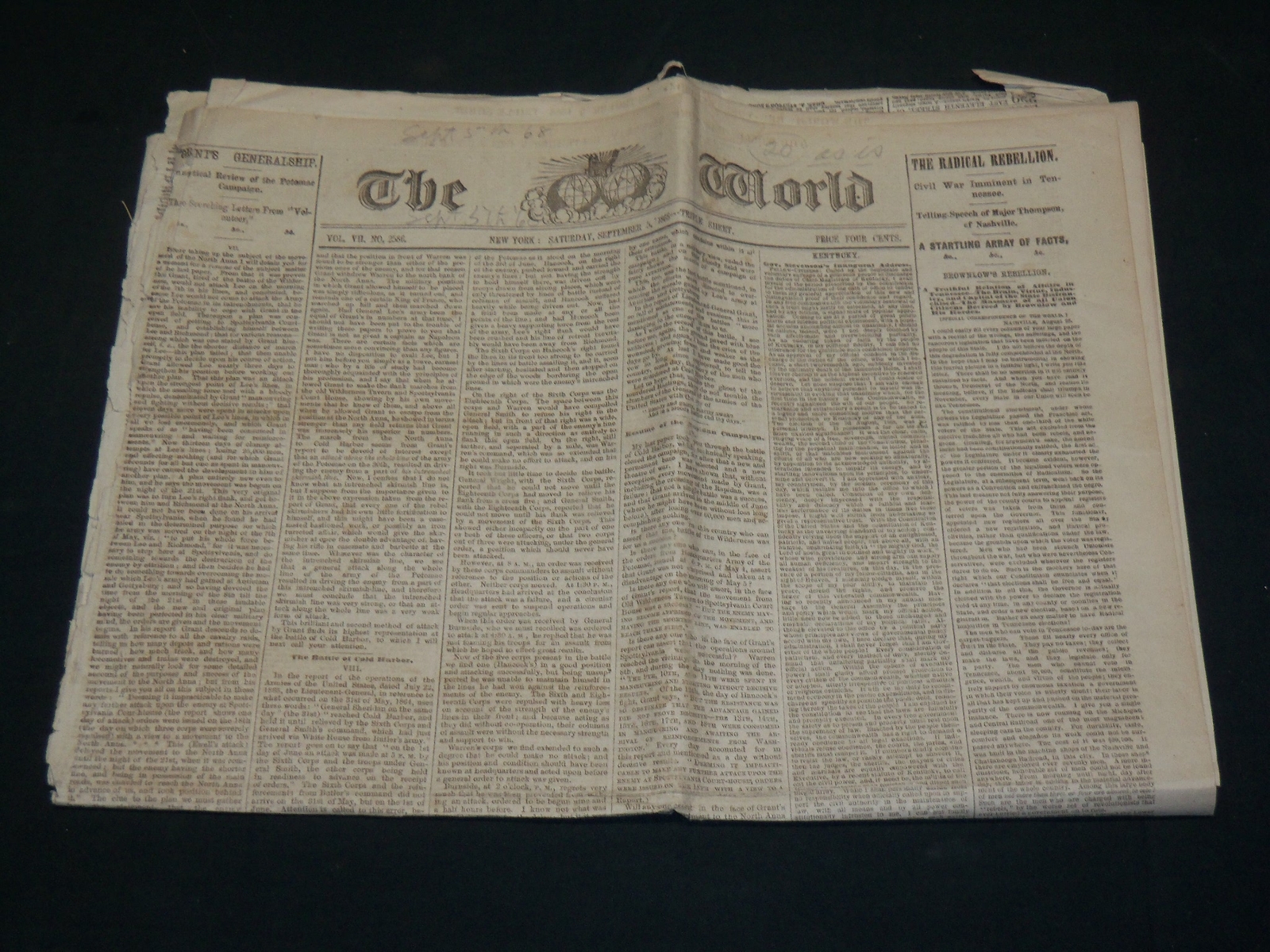 1868 SEPTEMBER 5 THE NEW YORK WORLD NEWSPAPER - LETTERS FROM VOLUNTEER - NP 5230