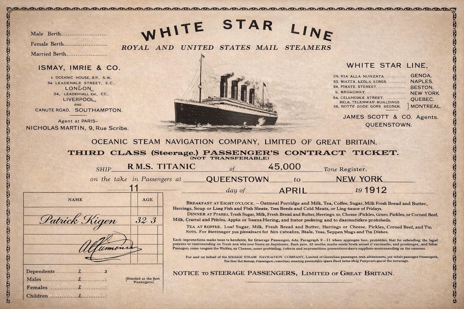 RMS Titanic Third Class Passenger Contract Ticket (1912) Reproduction